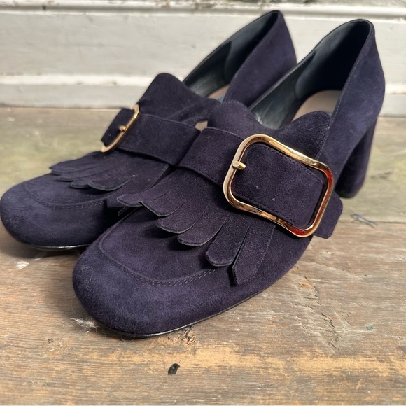 Prada Suede Fringe Buckle Chunky Loafer Heels - Picture 2 of 10